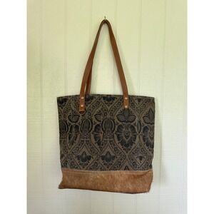 Myra Bag Canvas Damask Print Tote with Cowhide Leather Trim Western Shoulder Bag